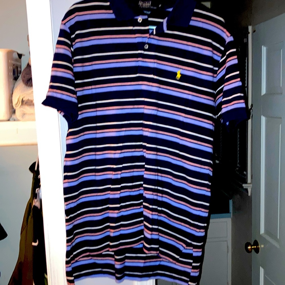 Medium blue red and yellow pin stripes Ralph Lauren polo shirt